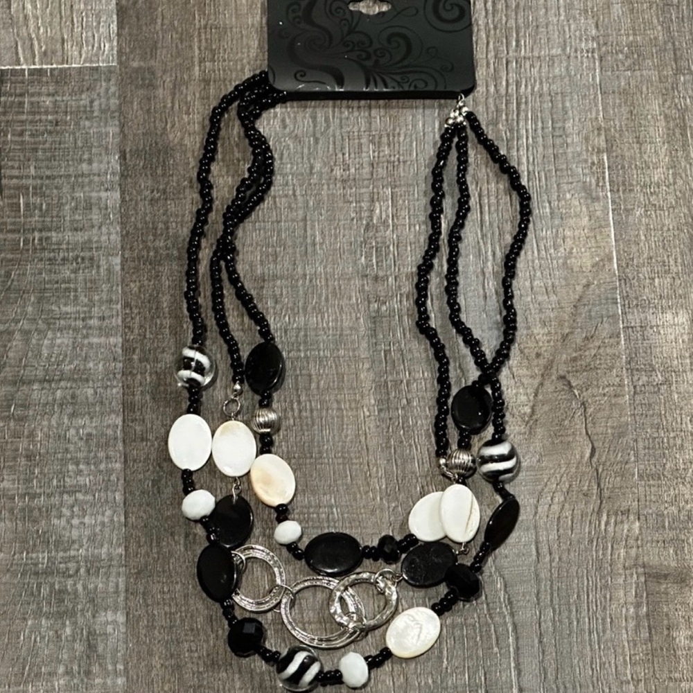 New Black, White, & Silver Layered Bead Necklace
